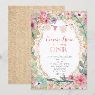 Shabby Chic Burlap Pink Invitations d'anniversaire