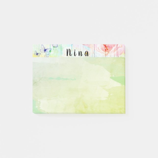 Shabby Chic Butterflies and Roses on Rustic Wood Post-it Notes (Front)