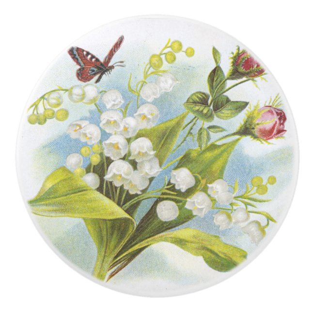 Shabby Chic Butterfly, Roses & Lily of the Valley Ceramic Knob (Front)