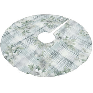 Shabby Chic Christmas Floral Green Plaid Brushed Polyester Tree Skirt