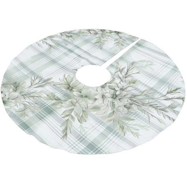 Shabby Chic Christmas Floral Green Plaid Brushed Polyester Tree Skirt (Angled)