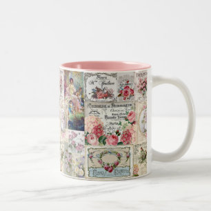 Shabby chic collage,country victorian,decoupage, b Two-Tone coffee mug