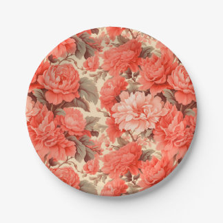 Shabby chic coral flowers paper plate