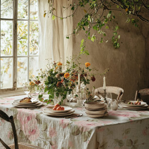 Shabby Chic Cottagecore Vintage Pink Rose Floral  Tablecloth