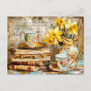 Shabby chic Daffodils on a Stacked antique Books Postcard