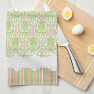 Shabby Chic Damask Green & Pink Tea Kitchen Towel
