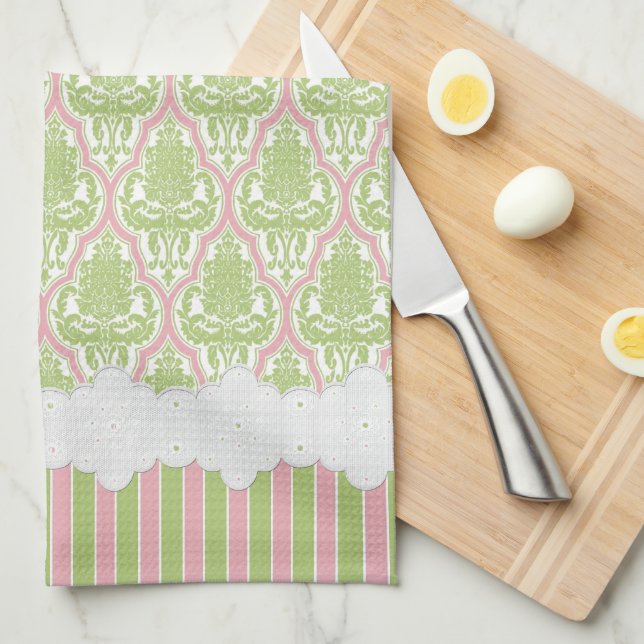 Shabby Chic Damask Green & Pink Tea Kitchen Towel (Quarter Fold)