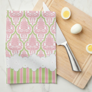 Shabby Chic Damask Pink & Green Tea Kitchen Towel