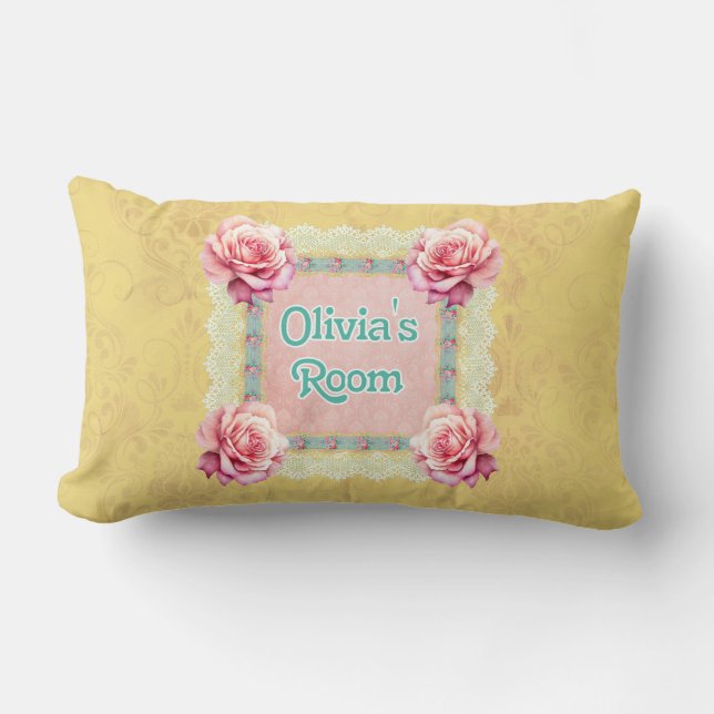 Shabby Chic Damask Rose Lace Personalized Throw Pillow (Front)