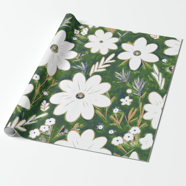 Shabby Chic Deep Green White Retro Daisy Pattern Wrapping Paper (Unrolled)