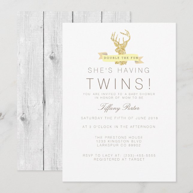 Shabby Chic Deer Twins Baby shower Invitation (Devant / Derrière)