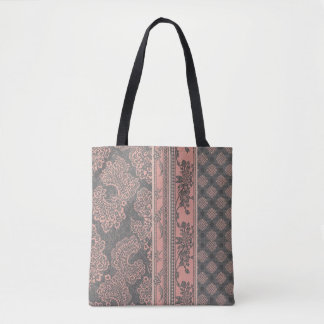 Shabby Chic Dusty Rose Pink Grey Damask Patchwork Tote Bag