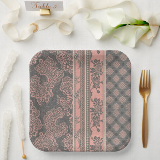 Shabby Chic Dusty Rose Pink Grey Damask Wedding Paper Plate