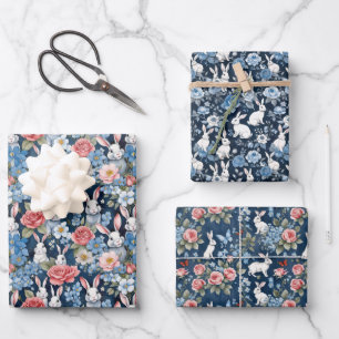 Shabby Chic Easter Bunnies Florals Navy Blue Wrapping Paper Sheet