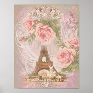 Shabby Chic Eiffel Tower and Roses Poster