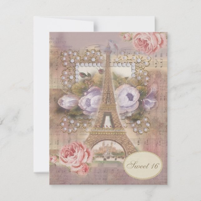 Shabby Chic Eiffel Tower Floral Sweet 16 Invitation (Front)