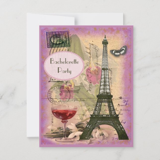 Shabby Chic Eiffel Tower & Red Wine Bachelorette Invitation (Front)