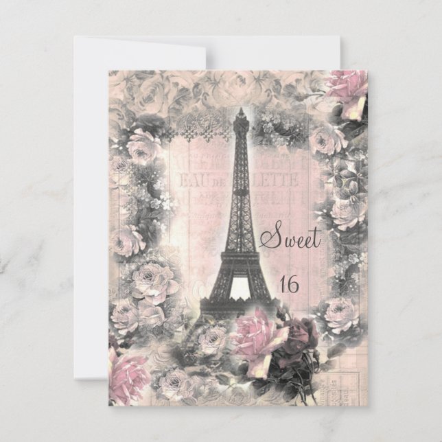 Shabby Chic Eiffel Tower & Roses Sweet 16 Invitation (Front)