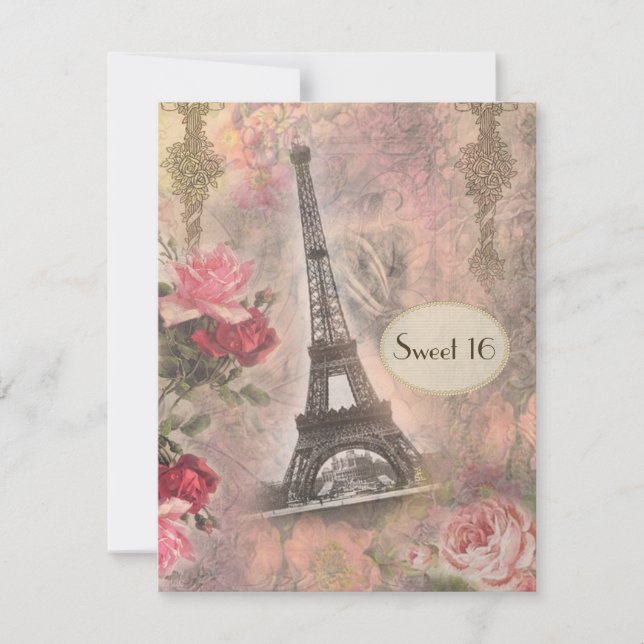 Shabby Chic Eiffel Tower & Roses Sweet 16 Invitation (Front)