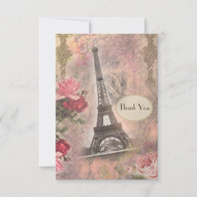Shabby Chic Eiffel Tower & Roses Wedding Thank You Card (Front)