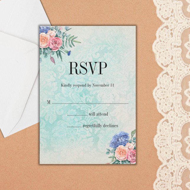 Shabby Chic Faded Wallpaper and Floral Wedding RSVP Card (Creator Uploaded)