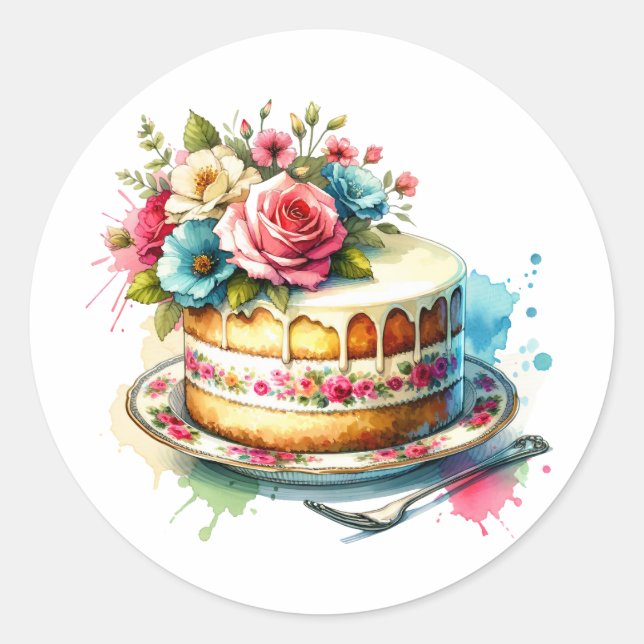 Shabby Chic Floral Birthday Cake Classic Round Sticker (Front)