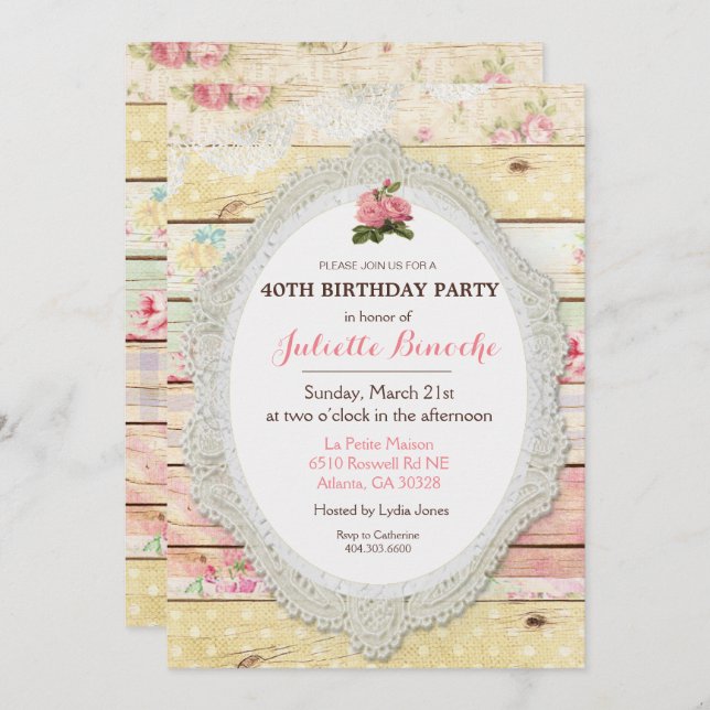 Shabby Chic Floral Bois Invitation Anniversaire (Devant / Derrière)