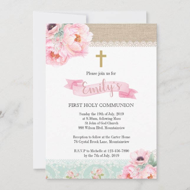 Shabby Chic Floral First Holy Communion Invitation (Front)
