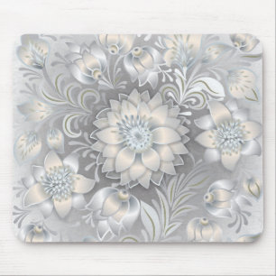 Shabby Chic Floral Neutral Grey White Silver Mouse Pad