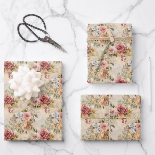 Shabby Chic Floral on Beige Wrapping Paper Sheet