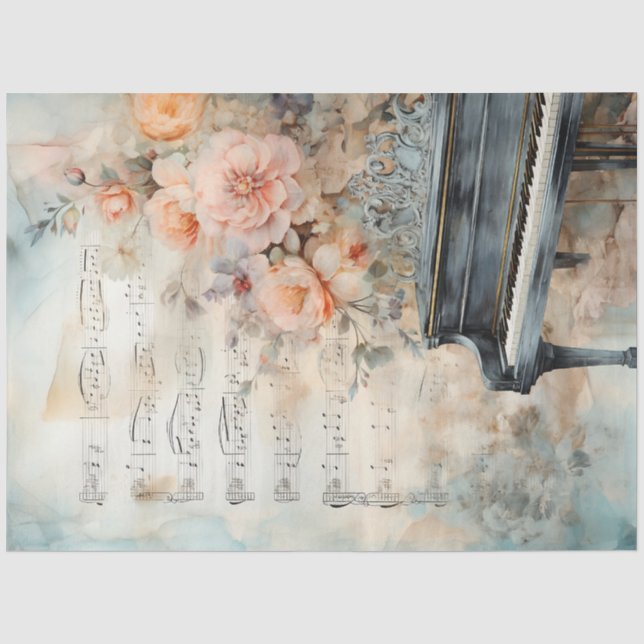 Shabby chic floral piano music notes ephemera tissue paper (Front)