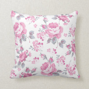 shabby chic floral, pink pattern,pale roses,white, throw pillow