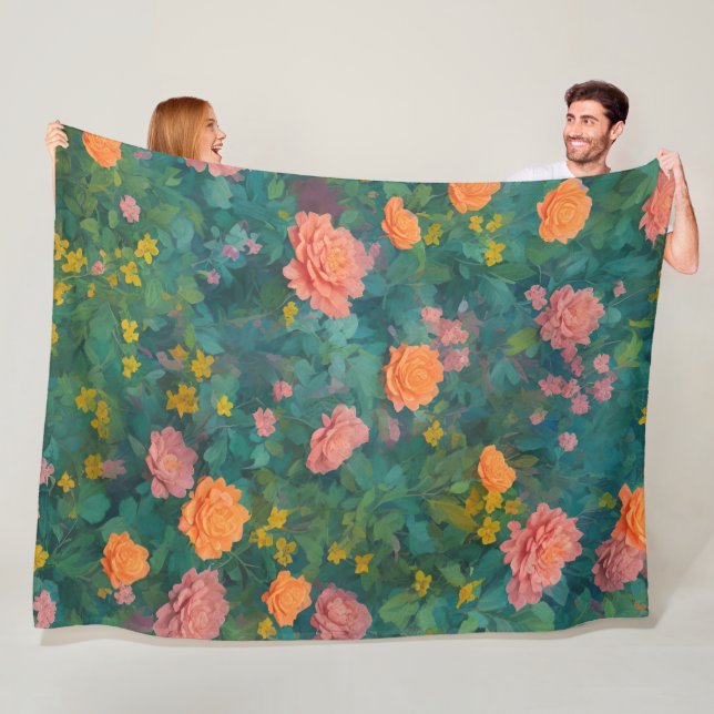 Shabby Chic Floral Roses and Leaves Boho Fleece Blanket (In Situ)