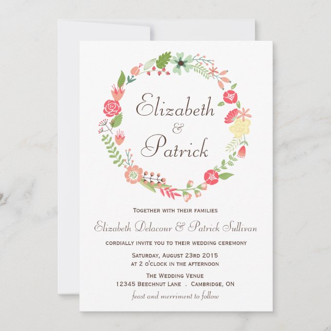Shabby Chic Floral Wreath Faire-part de mariage (Devant)