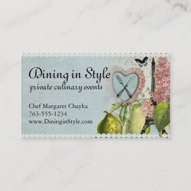 Shabby chic fork knife Eiffel tower chef biz cards (Front)