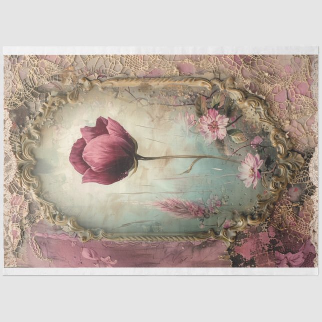 Shabby Chic, Framed Poppy, Mixed Media Layers Tissue Paper (Front)