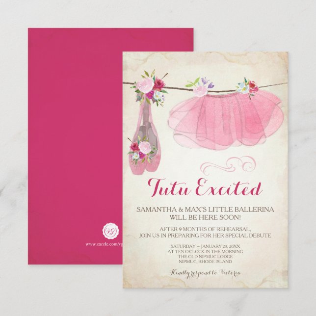 Shabby Chic Girl Ballerina Baby shower Invitation (Devant / Derrière)