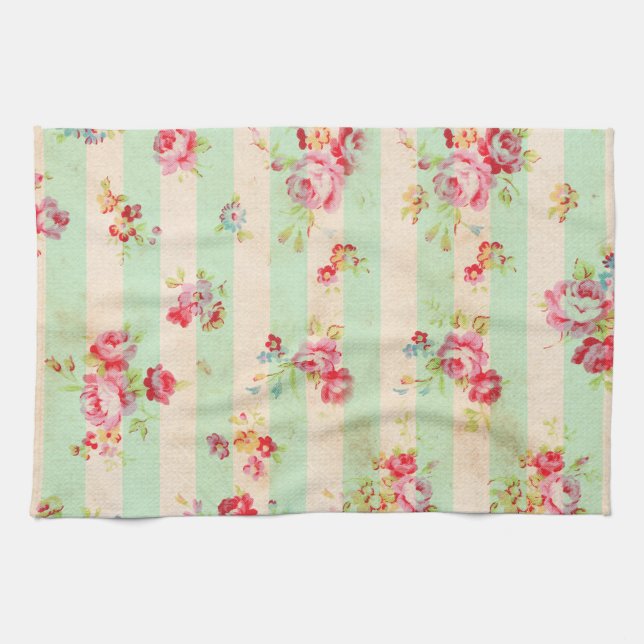 Shabby Chic Girly Red Green Roses Stripes Pattern Kitchen Towel (Horizontal)