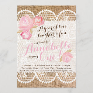 Shabby Chic Invitation d'anniversaire, Burlap & de