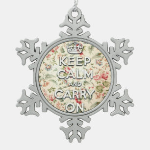 Shabby chic keep calm and carry on snowflake pewter christmas ornament