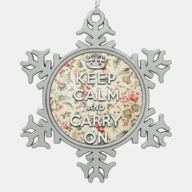 Shabby chic keep calm and carry on snowflake pewter christmas ornament (Front)