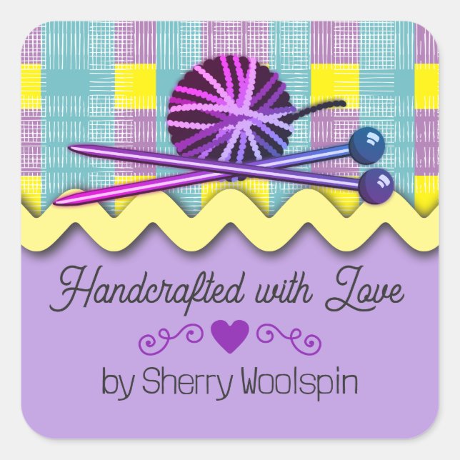 Shabby chic knitting crochet ball of yarn plaid square sticker (Front)