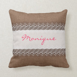 Shabby Chic Lace on Rustic Burlap - Pink Monogram Throw Pillow