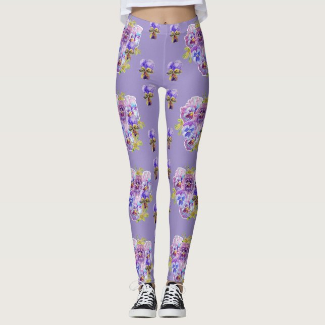 Shabby Chic Lavande Purple Pansy Leggings Floraux (Devant)