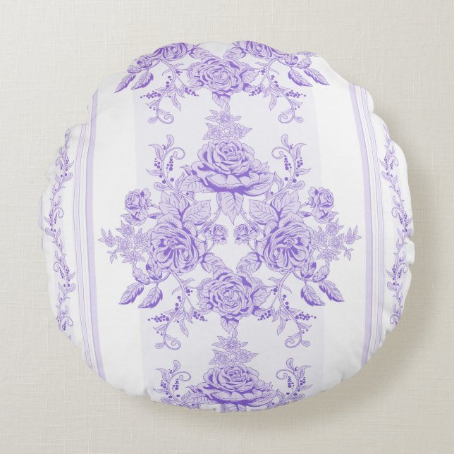 Shabby chic,lavender,toile,pattern,floral,Victoria Round Pillow (Front)