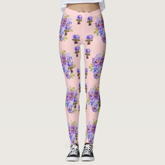 Shabby Chic Light Pink Dot Pansy Floral Leggings (Front)