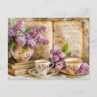 Shabby chic Lilac Bunch in an Antique Coffee Pot Postcard