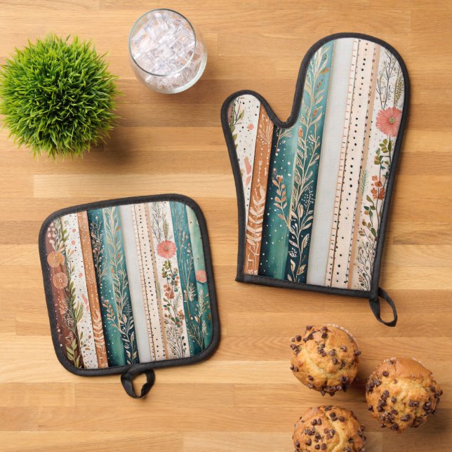 Shabby chic mixed patterns oven mitt & pot holder set (Top Down)