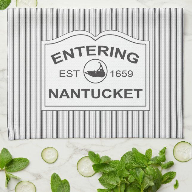 Shabby Chic Nantucket Sign in Black & White Stripe Kitchen Towel (Folded)