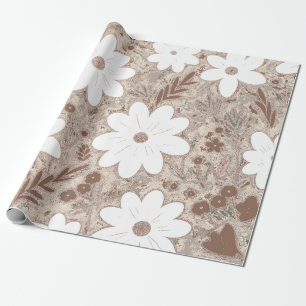 Shabby Chic Natural Tan Retro Daisy Patterned Wrapping Paper